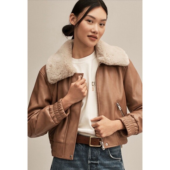 Anthropologie Avec Les Filles Aviator Jacket Brown Faux Leather Boho Large NWT